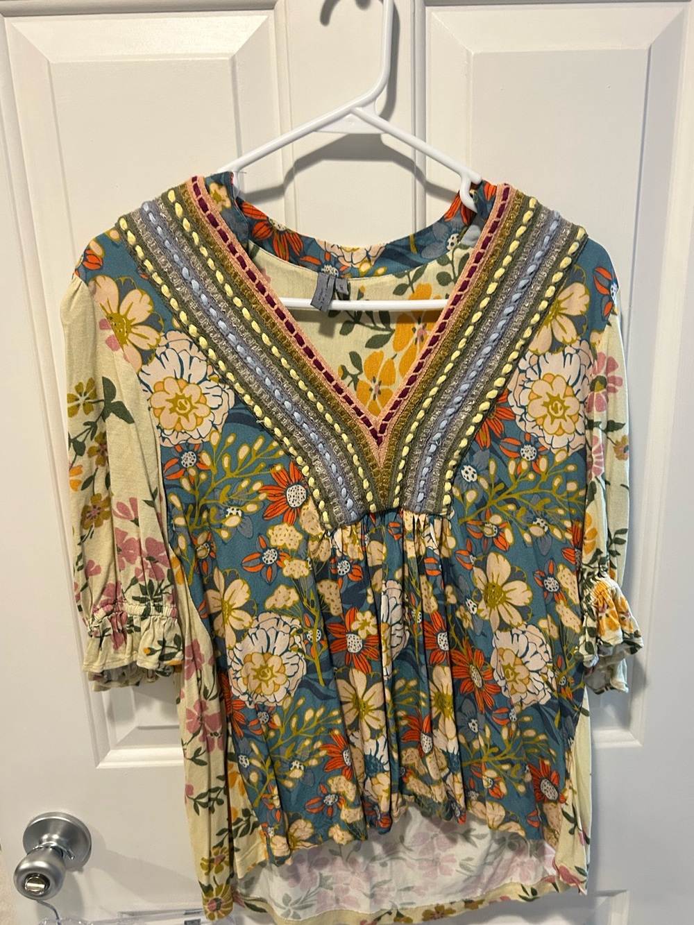 Blank London Floral V-Neck Embroidered Boho Blouse in Teal & Cream large